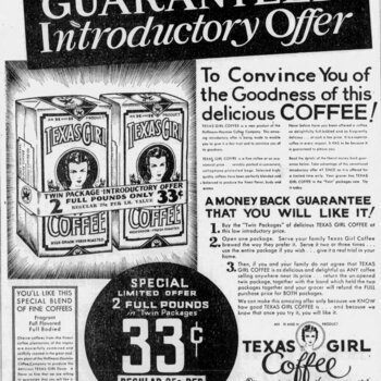 San Antonio Light, 3 November 1933, page 31 — Hoffmann-Hayman Texas Girl Coffee 'GUARANTEED Introductory Offer / To Convince You of the Goodness of this delicious COFFEE!' display ad showing the twin-package introductory offer (2 full pounds for 33¢, regular 25¢ per pound value) with a money-back guarantee and a small 'TEXAS GIRL' coffee girl-bust trademark badge