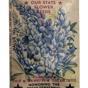 1936 Texas Centennial Blue Bonnet seed packet — front, Compliments Sam Houston & Texas Girl Coffees