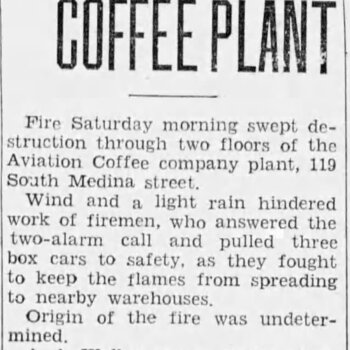 Newspapers.com PDF export of **San Antonio Light** (**Saturday 27 February 1937**, page 9) — headline **Fire Sweeps Coffee Plant** on a major coffee-plant fire (period parallel to Hoffmann-Hayman factory news). Reference documentation only — not an object in the project collection.