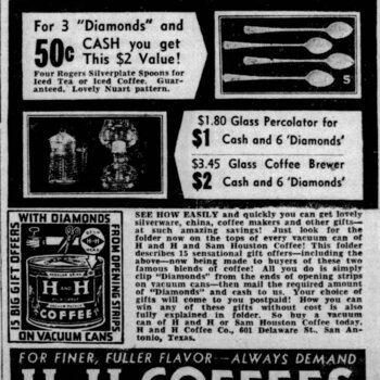 San Antonio Express-News, 28 June 1938 — H and H Coffee Co. 'Diamonds' premium ad with Rogers silverplate spoons, glass percolator, glass coffee brewer