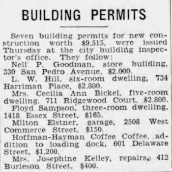 San Antonio Express, 14 Jul 1939 — building permits list including Hoffmann-Hayman Delaware Street loading dock