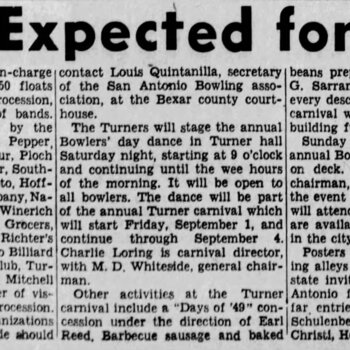 San Antonio Light, 20 Aug 1939 — Bowlers’ Day article listing Hoffmann-Hayman parade float