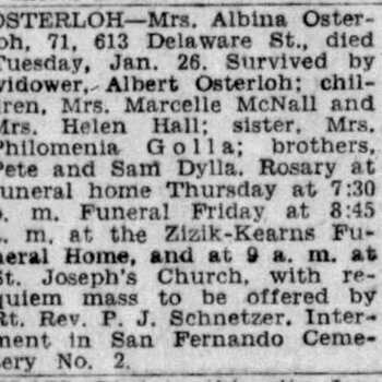 1943 Express-News obituary — Mrs. Albina Osterloh, 613 Delaware St.