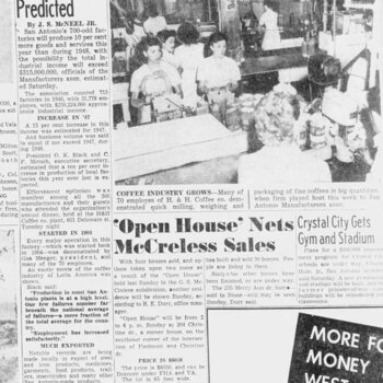 San Antonio Light, 22 May 1949, page 55 — feature on the San Antonio Manufacturers Association annual dinner at the H&H Coffee Co. plant, with photo of about 70 employees demonstrating quick milling, weighing and packaging