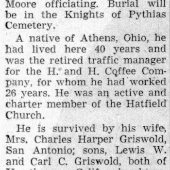 San Antonio Express News Charles H Griswold Obituary — 01 15 1953