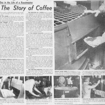 Newspapers.com PDF export of **San Antonio Express-News** (**Sunday 19 September 1954**, page 72) — feature **The Story of Coffee** with general coffee history / industry discussion (postwar Hoffmann-Hayman market context). Reference documentation only — not an object in the project collection.