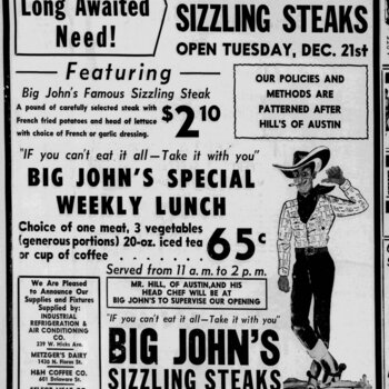 San Antonio Light, 20 December 1954, page 8 — full-page Big John's Sizzling Steaks grand-opening ad with H&H Coffee Co. listed in the supplier credit box
