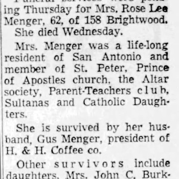 San Antonio Light Rose Lee Menger Obituary — 10 27 1955