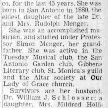 San Antonio Light Wilhelmina Schlosser Obituary — 04 25 1956