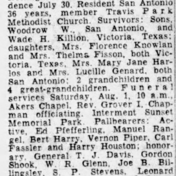 SA Express-News 1 Aug 1959 p.29 — Killion obituary, S. P. Stevens pallbearer