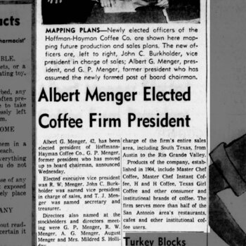 San Antonio Express-News, 5 May 1960 — Albert Menger Elected Coffee Firm President