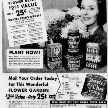 San Antonio Light, 5 May 1960, page 29 — Hoffmann-Hayman Coffee Co. display ad offering $2.00 of Burpee flower seeds for 25¢ with coffee-can evidence-of-purchase from H and H Coffee, Master Chef Coffee, Master Chef Instant Coffee, or Texas Girl Coffee; woman with floral bouquet and product line-up photograph