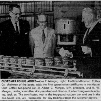 San Antonio Express-News, 29 August 1961, page 47 — editorial photo and 'CUSTOMER BONUS ADDED' caption showing Gus P. Menger (right, chairman of the board) adding the first appreciation certificate to a Master Chef Coffee two-pound can on the production line, with Albert G. Menger (left, president) and R. W. Menger (center, executive vice president and director of advertising-merchandising) looking on; same launch event as the Victoria Advocate 31 Aug 1961 trade story (HH-CLIP-1961-0005)