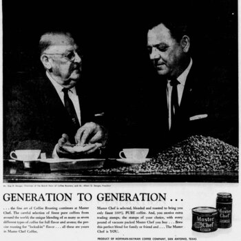 San Antonio Express-News, 19 April 1962, page 20 — full-bleed photograph of Gus P. Menger (Chairman of the Board, 'Dean of Coffee Roasters') and Albert G. Menger (President) examining a handful of green coffee beans next to a tabletop mound of beans and two demitasse cups; below the photograph the headline 'GENERATION TO GENERATION ...' with body copy describing Master Chef's seven-coffee blend and the in-can trading-stamp certificate, plus a small still-life of three Master Chef Coffee cans (Master Chef Coffee 1-lb can, Master Chef Instant Coffee jar, Master Chef Coffee 2-lb can) — attribution 'PRODUCT OF HOFFMAN-HAYMAN COFFEE COMPANY, SAN ANTONIO, TEXAS'