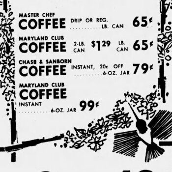 San Antonio Express-News, 19 March 1963, page 34 — narrow grocer-ad price-listing column showing 'MASTER CHEF COFFEE DRIP OR REG. LB. CAN 65¢', 'MARYLAND CLUB COFFEE 2-LB CAN $1.29, LB CAN 65¢', 'CHASE & SANBORN COFFEE INSTANT, 20¢ OFF 6-OZ JAR 79¢', and 'MARYLAND CLUB COFFEE INSTANT 6-OZ JAR 99¢'; flanked by a vase-of-flowers floral motif and a kingfisher illustration