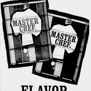 San Antonio Express-News, 11 December 1966, page 102 — vertical 'Free! with every can of MASTER CHEF COFFEE' ad with paired color-keyed Master Chef can illustrations (regular and drip grinds), 'FLAVOR' subhead, body copy explaining the 'color-keyed' cans for easier grind selection, and 'for coffee Lovers only' tagline at the bottom