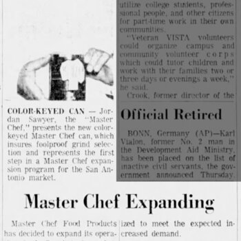 December 30, 1966 San Antonio Express clipping with the 'COLOR-KEYED CAN' photo of Jordan Sawyer holding the new can and the 'Master Chef Expanding' article on the Continental-era 601 Delaware operation