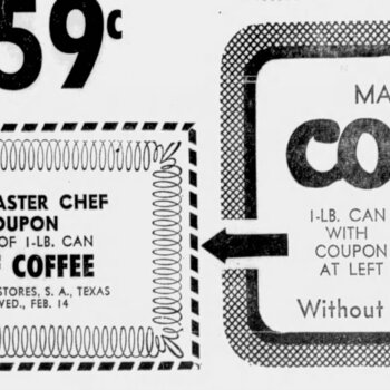 San Antonio Light, 12 February 1968, page 21 — partial-page grocer ad showing on the right an oval 'MASTER CHEF COFFEE 1-LB. CAN WITH COUPON AT LEFT 39¢' display panel with 'Without Coupon 1-LB CAN 69¢' callout, and on the left the rectangular 'HANDY-ANDY'S MASTER CHEF VALUABLE COUPON, Good On Purchase Of 1-LB CAN MASTER CHEF COFFEE, GOOD ONLY AT HANDY-ANDY STORES, S.A., TEXAS — COUPON GOOD THRU WED., FEB. 14'; bespectacled chef-mascot characters appear in both panels