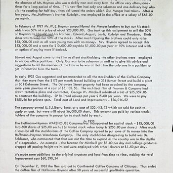 Page 2 of Gus P. Menger's typed H&H history: the firm's first officers (Hayman president, Mrs. Hoffmann vice-president, Gus Menger secretary); the February 1921 buyout of W. E. Hayman's 50% by the six Menger brothers; the 1933 move to a new plant at 601 Delaware Street (architect George W. Mitchell); incorporation of the Hoffmann-Hayman Warehouse Company; and the December 2, 1962 sale to Continental Coffee Company of Chicago.