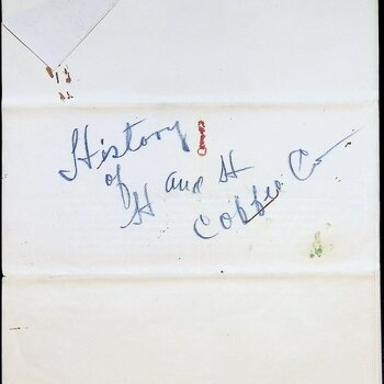 Hand-lettered cover sheet / folder wrapper in blue ballpoint reading “History of H and H Coffee Co.”, the wrapper that holds Gus P. Menger's six-page typed company history “Great Oaks From Little Acorns Grow.” Draves family document, documented but not owned by the project.