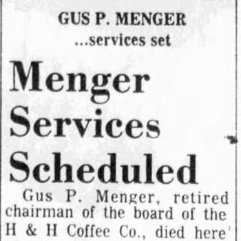 San Antonio Express News Gus P Menger Obituary — 08 06 1974