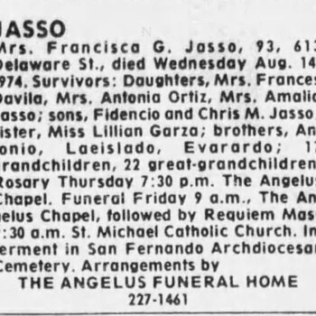 1974 Express-News obituary — Mrs. Francisca G. Jasso, 613 Delaware St.