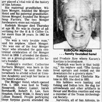 San Antonio Express News Rudolph Menger Obituary — 08 09 1985