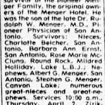 San Antonio Express News Theodore J Menger Obituary — 04 01 1987