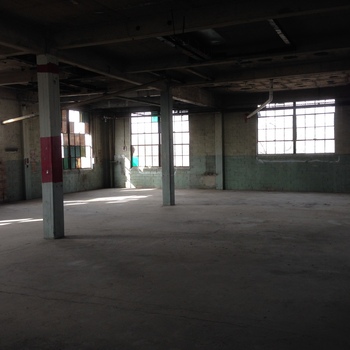 Wide interior of the Hoffmann-Hayman factory — **3 February 2014** (**Apple iPhone 5**) — empty concrete slab floor, square columns (one banded in **red**), green-painted lower wall with pale upper, and tall multi-pane industrial windows including a few **colored** replacement panes; dim available light from the window wall.