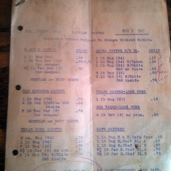 Typewritten Hoffmann-Hayman PACKAGE COFFEE wholesale price sheet dated MAR 2 1942 — Delivered Prices Subject To Change Without Notice; sections for H AND H Coffee (1 lb bags and Vac Jars, Regular or Drip Grind), SAN ANTONIO Coffee (bags, 1 lb cans with cup-and-saucer premium, 3 lb Vac Jars), TEXAS GIRL Coffee through 3 lb buckets; ANITA Coffee with promotional lines and red pencil notes; TEXCO and BIG VALUE; CAFE COFFEES including 1 lb H and H Cafe Spec, 1 lb and jar lines for M. Chef (Master Chef) Blends A and B; footer JOBBER DISCOUNT 12% TRADE, 2% CASH DISCOUNT 10 DAYS (circled in red pencil); aged paper with fold crease, staple at top, three-hole punch at left — project photograph 3 July 2015 of the March 1942 document