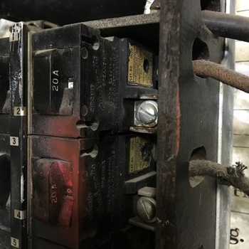 **8 March 2016** (**Apple iPhone 6s**) — **Bull Dog Electric Products Co. (Detroit)** **Pushmatic** **20 A** single-pole breakers with **UL** inspection labels and **CAT. NO. 11120** — companion to the wider **breaker documentation** elsewhere in this gallery.