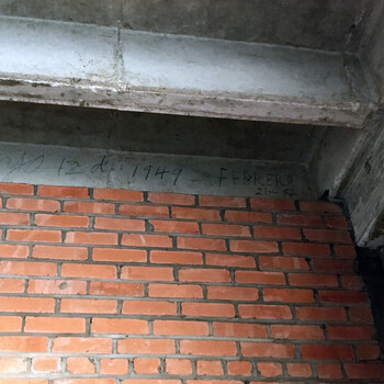 Low-angle view looking up at the junction of a **red brick** wall and a **grey reinforced-concrete beam or slab edge** inside the second-floor **expansion room above the office** at the Hoffmann-Hayman factory, photographed **10 November 2016** (source iPhone 6s) — the brick in the lower field is relatively clean, with light mortar joints; the concrete soffit or beam above carries rough cast texture, board-form grain, and weathering; on the **vertical face of the concrete** directly over the brick, a **handwritten dark marker or pencil inscription in Spanish** reads **'12 de 1949 FEBRERO'** (12 February 1949), with a second smaller line **'21-52'** partly visible beneath; this **1949** mark on the structure predates the **cursive pencil** Spanish dates elsewhere in the same expansion space grouped in the 1950s (the **'Marzo' 1952–1954** sequence on the east wall, the **'FEBRERO 11 – 53'** joist, and the **'AGOSTO 8 – 56'** joist) and is consistent with a separate early construction note or roofer’s phase mark at the ceiling line, though the hand and exact intent are not yet tied to a single work crew