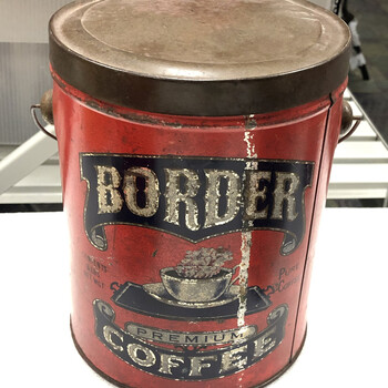 Color photograph **15 October 2019** — **Border Premium Coffee** pail, **'CONTENTS 3 LBS. NET WGT.'**, same **cup and saucer** and **'BORDER'** / **'PREMIUM COFFEE'** layout as the four-pound sister frame; wire bail, weathered body with vertical scratch, flat lid — **not in the project’s museum collection**