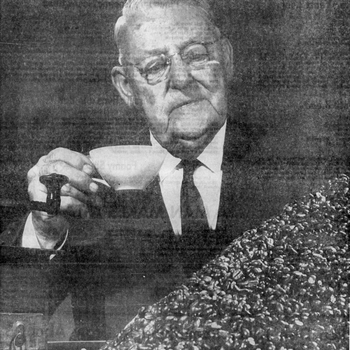 Gus P. Menger portrait, beans, grinder — “Dean of Coffee Roasters” caption, Express-News, 29 Mar 1962