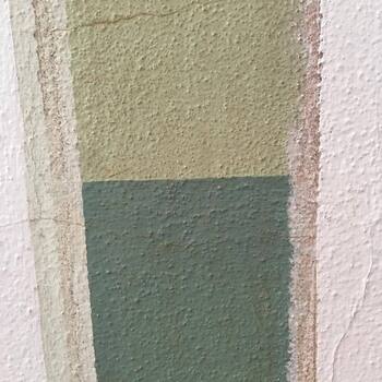 **Hoffmann-Hayman factory**, **first floor**, **public entrance / foyer wall** in the **Delaware Street 601 entry zone** (per site note) — vertical photograph of a **heavily textured acoustic or popcorn-finish** plaster / stucco surface being **color-trialed**: **central vertical band** halved **upper pale sage / olive green** over **lower deep forest / teal green**, **narrower off-white / cream** side margins left and right; **utilitarian brush boundaries** between swatches with slight **edge feathering** into the texture; a **continuous horizontal crack** crosses through the **dark green** field and **extends** into the **pale bands**, reading as **substrate movement** under fresh sampling — documents **interior repainting selection** hard by the **street door**, **indoor counter-read** to the **buff stucco south elevation** in **[this gallery's Delaware 601 daylight exterior](/assets/images/gallery/2015-10-02-factory-south-face-daylight-delaware-entry.jpg)** — **Instagram** media export **17866587829121817**