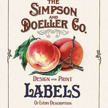 Victorian trade card — **THE SIMPSON AND DOELLER CO.** in red-brown display type with shadow; central color illustration of two peaches on a branch; **DESIGN AND PRINT LABELS** / **OF EVERY DESCRIPTION.** in red and navy; footer **BALTIMORE, MD.** — same Baltimore tinshop whose tiny skirt mark appears on 1920s Hoffmann-Hayman **H and H Blend** round tins (see site tin-marking post). Project reference photograph of a printed card, not a tin in the collection.