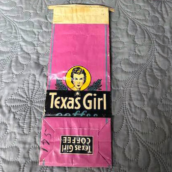 Unused one-pound Texas Girl Coffee paper bag laid flat — magenta ground with a cream portrait of the Texas Girl framed by leafy branches above a black banner reading 'Texas Girl' and 'Texas Girl Coffee' printed on the folded bottom panel — from the Mac Johanson collection